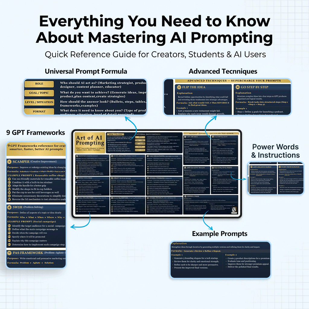 Chat GPT Frameworks for Writing Better AI Prompts Cheat Sheet Desk Mat 16×32 | ChatGPT Desk Pad with Advanced Prompt Frameworks Formulas-Blue