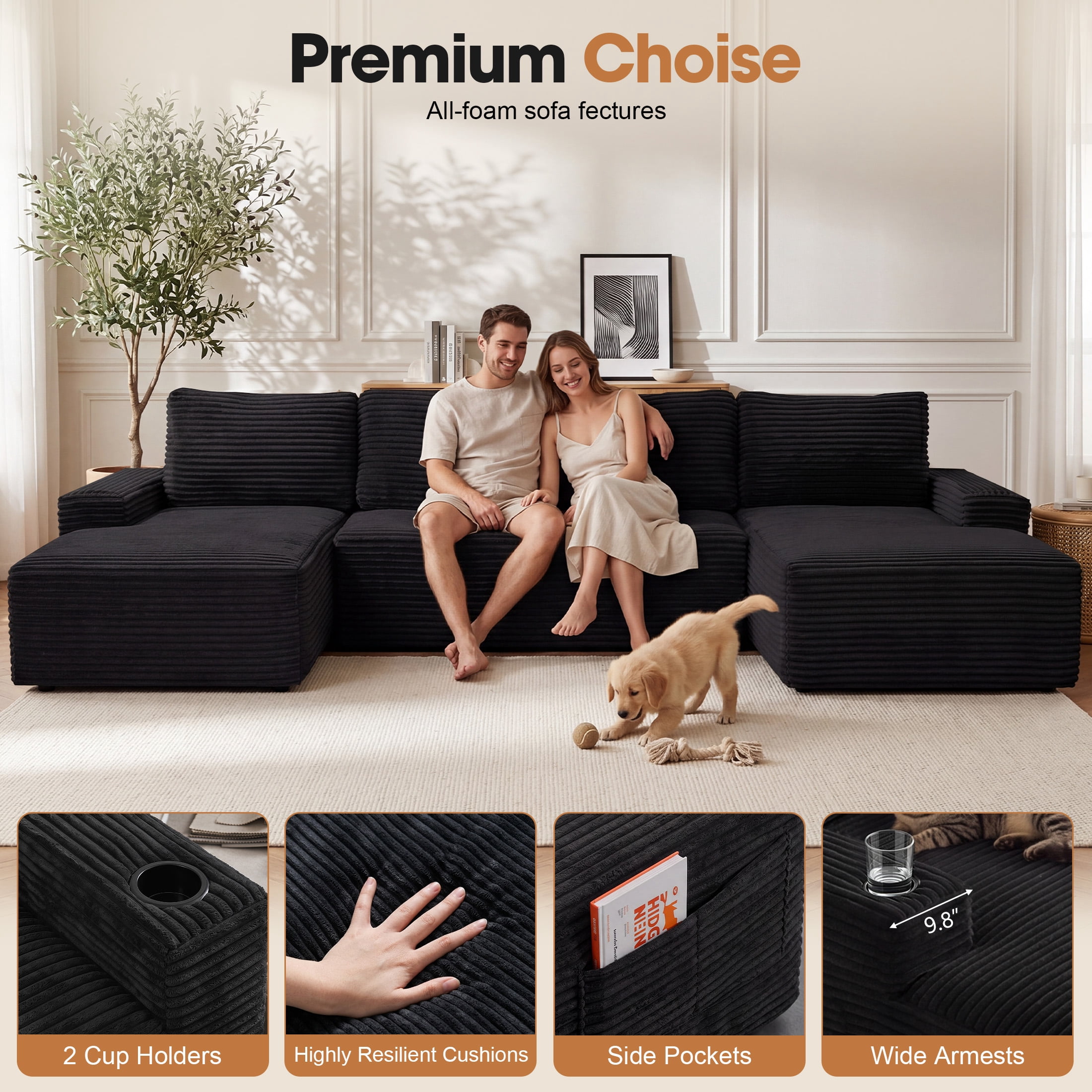 Aenkyo 133 in U-Shaped Cloud Corduroy Sectional Sofa with Cup Holders for Living Room, Black