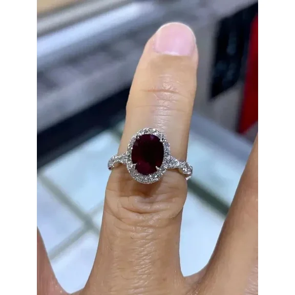 2.00 Ct Oval Cut Lab-Created Red Ruby Halo 14K White Gold Plated Engagement Ring