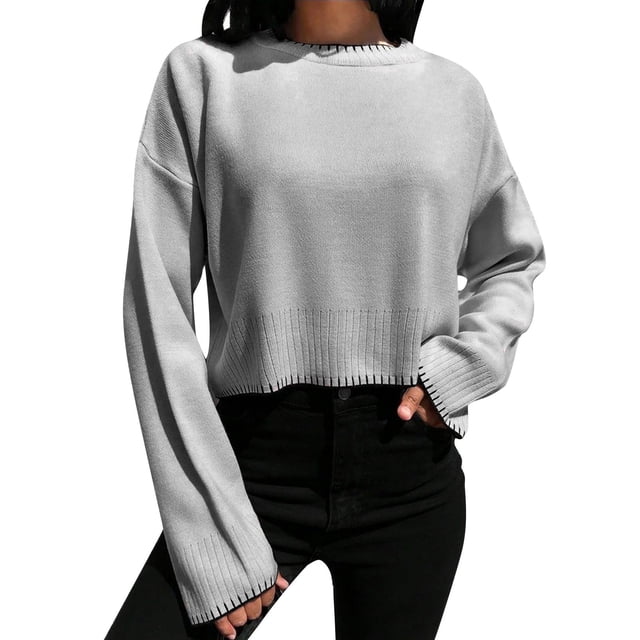 Chandail Court pour Femmes 2025 - Tricot Épais / Manches Longues Col Rond Haut d'Hiver