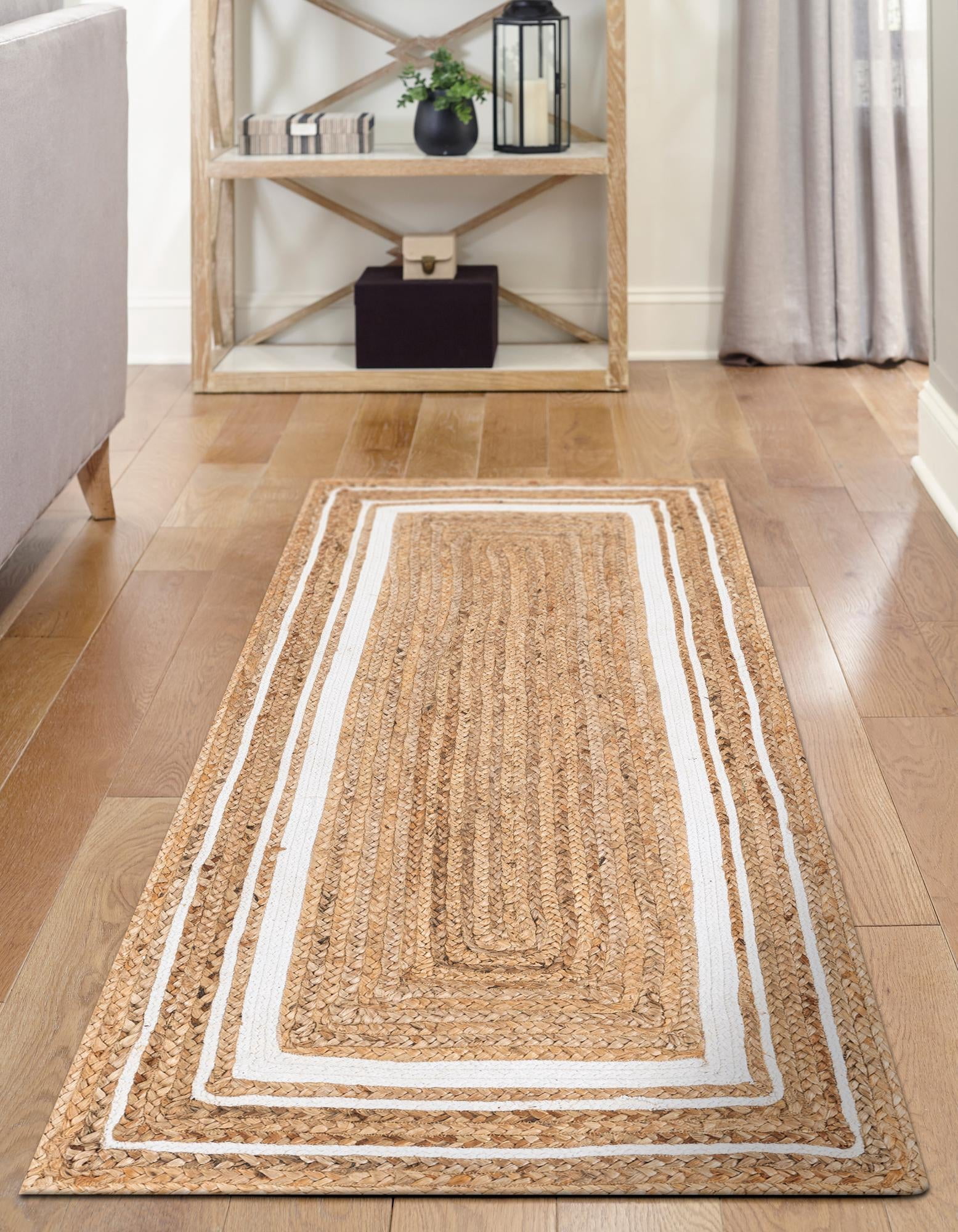 Unique Loom Braided Jute Collection Area Rug - Gujarat (2' 6" x 6' 1" Runner Natural and White/Ivory)