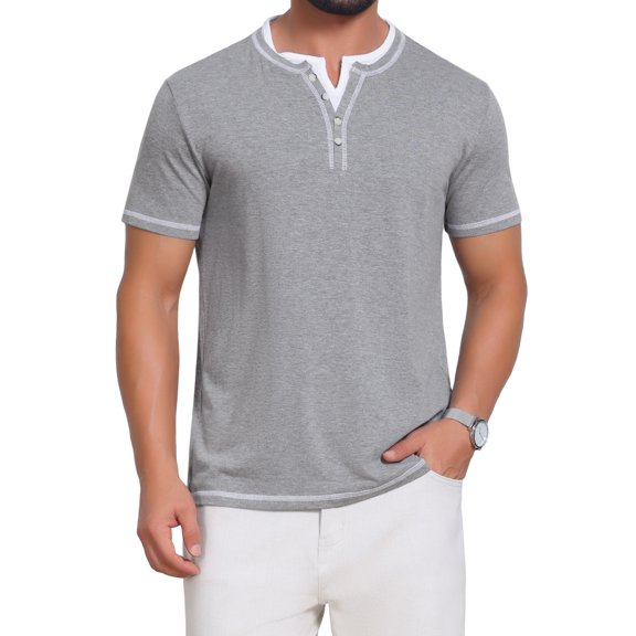 DARING DIVA Men's Henley V-Neck Colorblock Button Down Short Sleeve T-Shirt M Light Gray