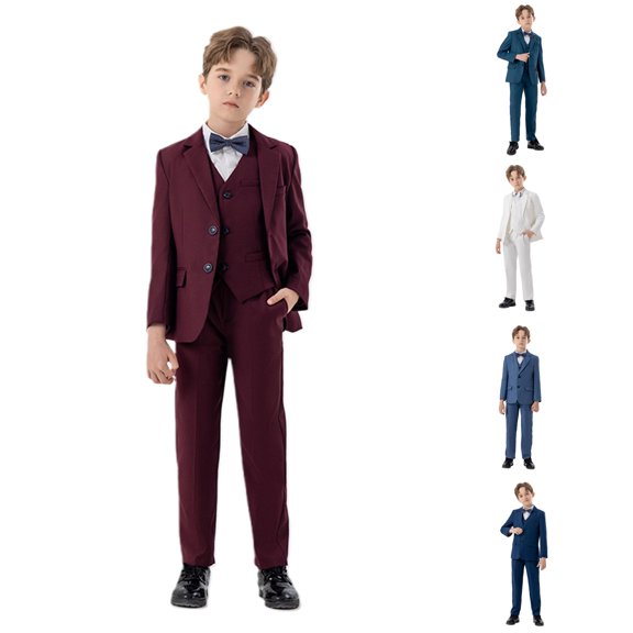 Huowey Baby Boy Outfits Formal Suits Outfits 4 Piece Tuxedo Set Slim Fit Blazer Vest Jacket Pants Bowtie For Kids Wedding Birthday Party Suit Boy Dress Clothes,Burgundy,2-3 Years