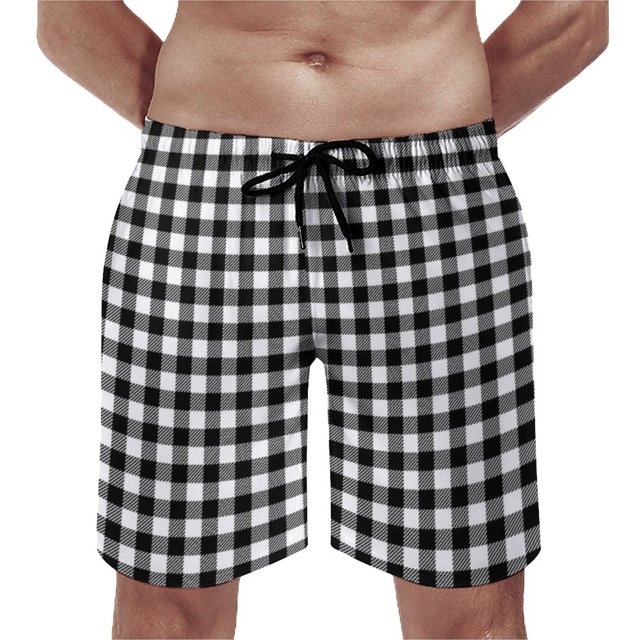 Blue And White Checkerboard Board Shorts Vintage Checker Print Beach Shorts Drawstring Pattern Design Swim Trunks Plus Size 3XL