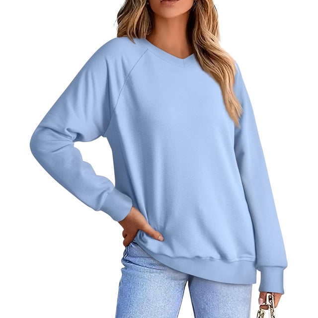 Plebaso Chandails en Molleton Décontractés à Manches Longues Col en V pour Femmes Pull Confortable Couleur Unie