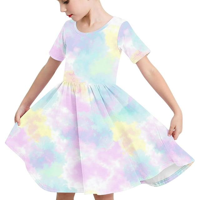 Odeerbi Niñas Gradiente Tie-Dye Skater Vestido Verano Flamed Swing Vestido Niños Manga Corta Elástico Vestido de Una Línea