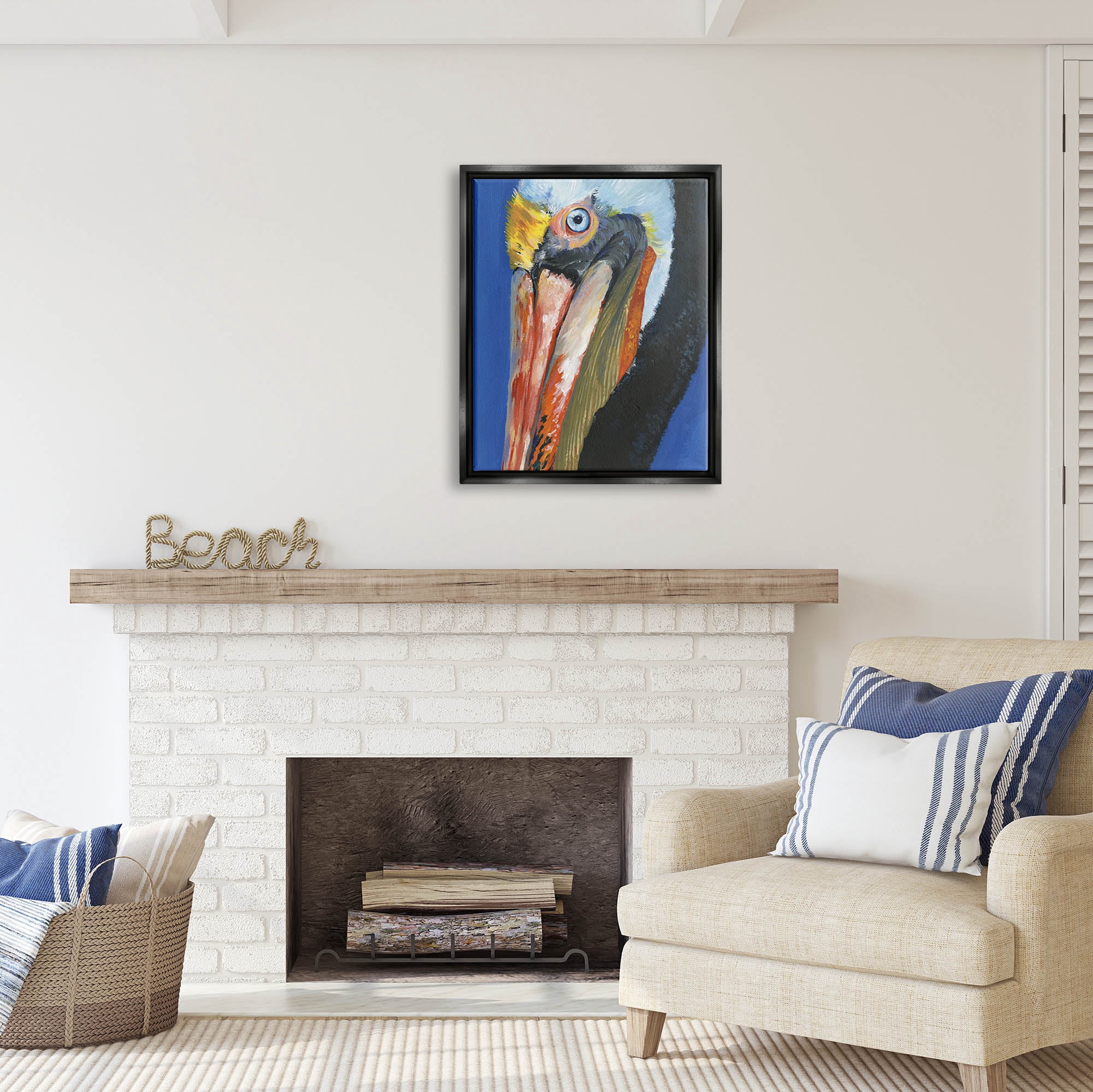 Stupell Industries Bold Blue Pelican Portrait Coastal Painting Black Floater Framed Art Print Wall Art