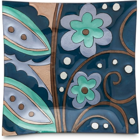 Blue Fused Glass - Pavilion- Square Blue Floral Fused Glass Plate 10x10
