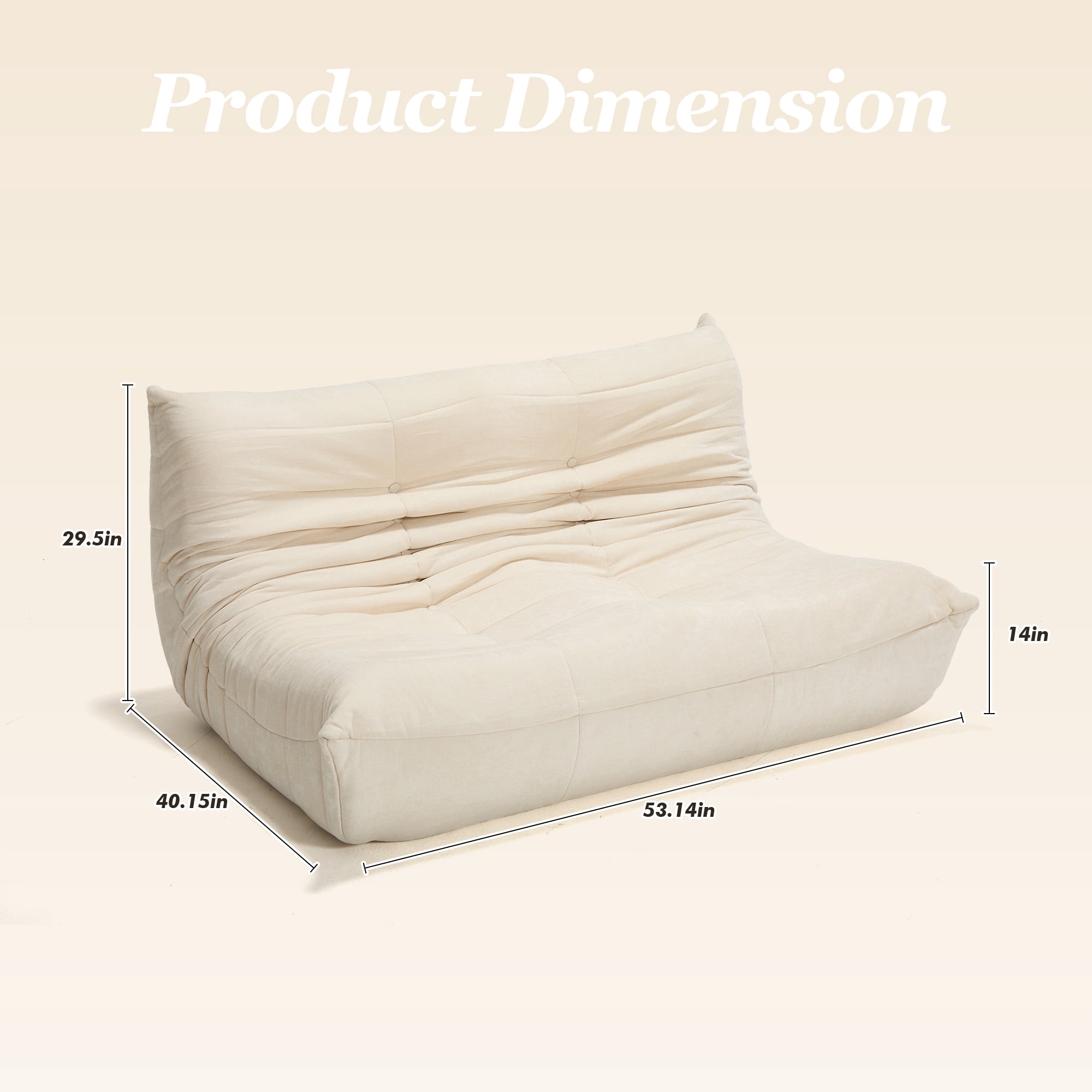 MOONMISS 53.14" Chenille Upholstered Oversized Lazy Sofa, 2-Seater Floor Sofa,Deep Seat Floor Bean Bag Loveseat for Cozy Home Decor, Beige