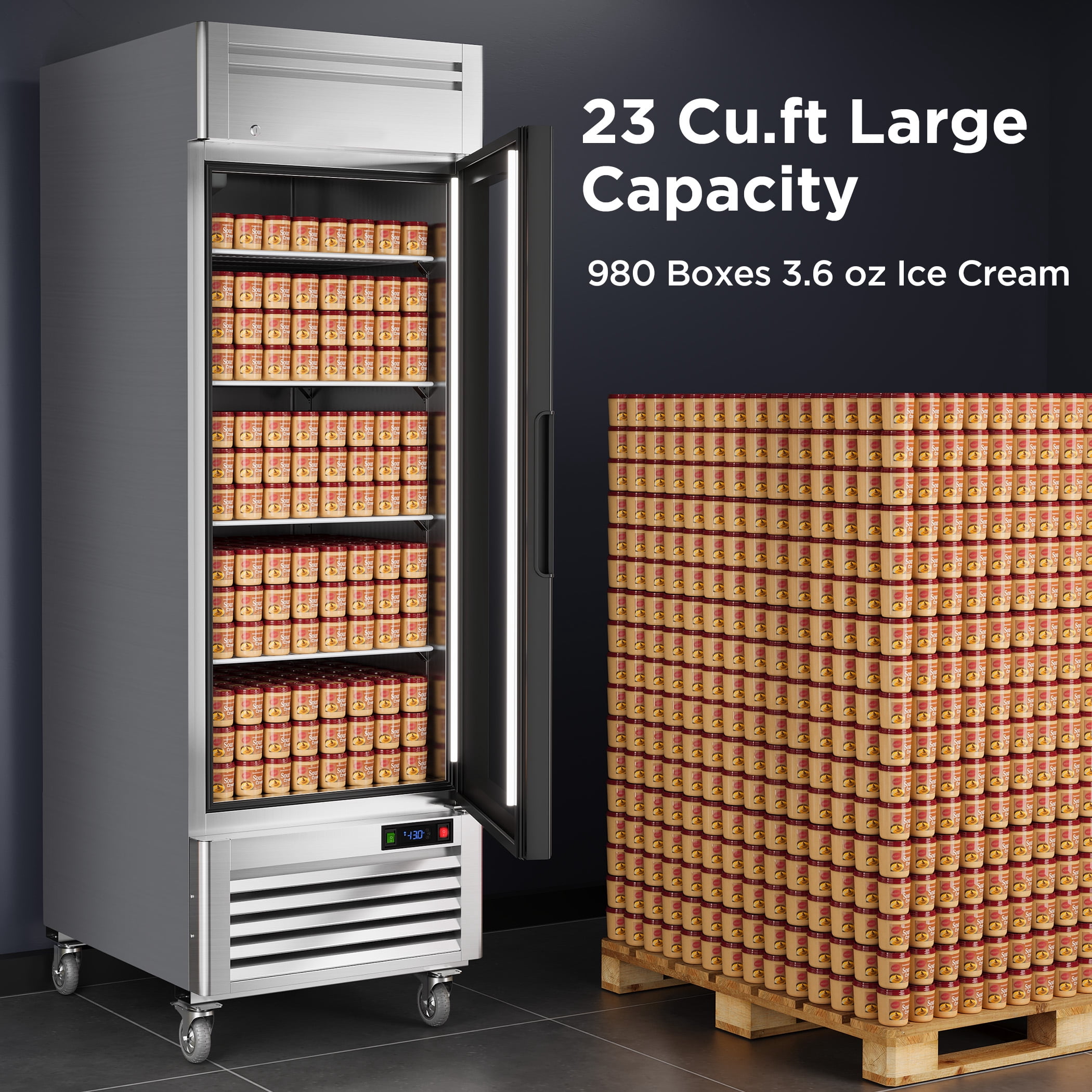 Coolake 27" Glass Doors Commercial Display Freezer, 23 Cu. Ft Stainless Steel Upright Merchandiser Freezer