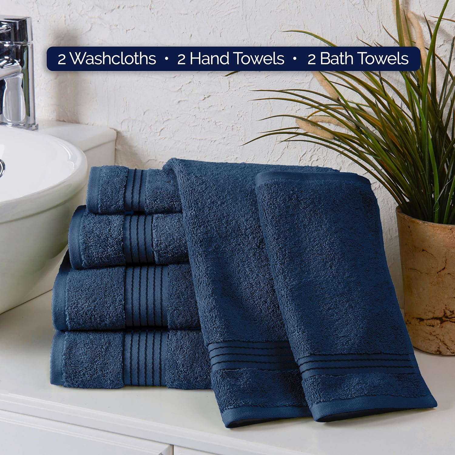 6-Piece Cotton Towel Set, Includes 2 Bath Towels, 2 Hand Towels, and 2 Washcloths, Highly Absorbent, Navy