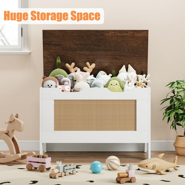 Kojooin Coffre de Rangement, Banc de Rangement avec Charnière de Sécurité, Coffre de Rangement en Bois, Coffre de Rangement à Couvercle Rabattable pour Couvertures, Banc de Rangement pour Entrée, Salon, Chambre