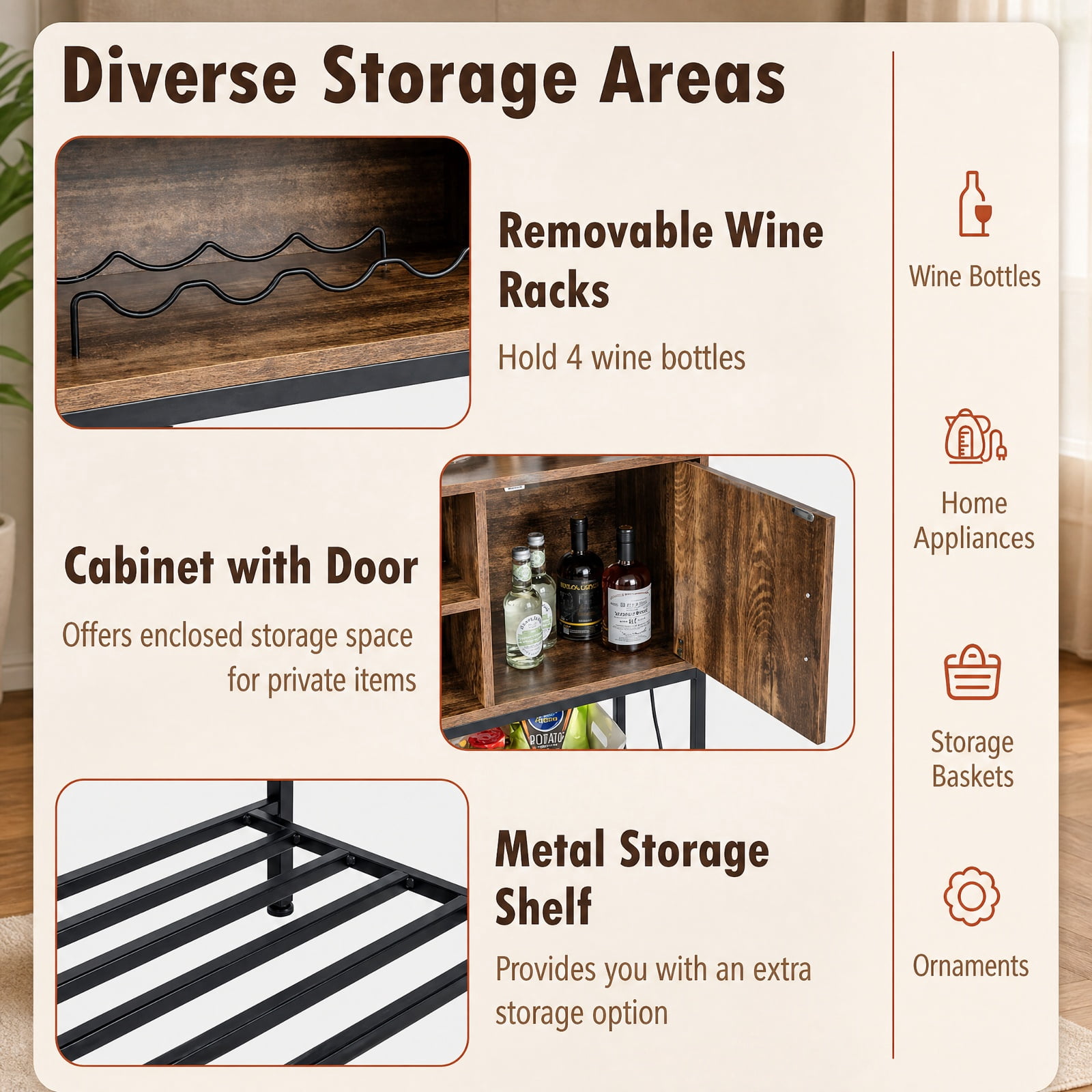 Furnibear Buffet Sideboard Coffee Bar Cabinet with Power Outlets and USB Ports for Kitchen Dining Living Room Buffet Storage Server, Rustic Brown