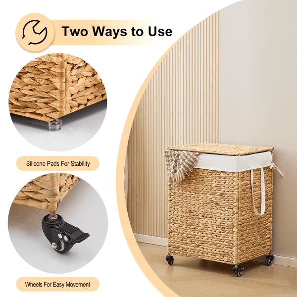 100L 2-Section Laundry Hamper with Lid and Wheels, Woven Natural Water Hyacinth Rolling Laundry Hamper