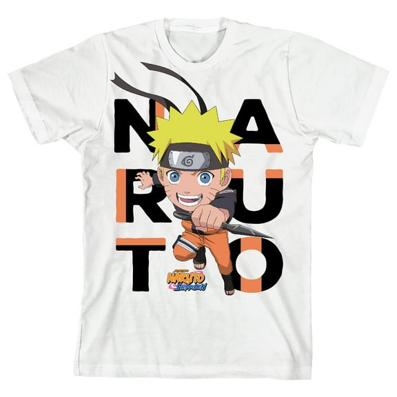 Naruto Shippuden Big Letters Title Logo Youth White Graphic Tee-Medium