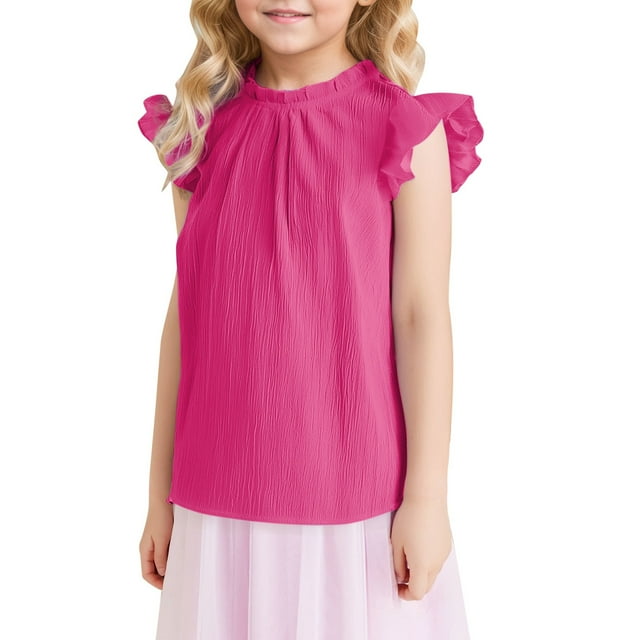 TZEWGL Hauts pour Tout-Petits Couleur Unie Manches Courtes Mignon Col à Volants Texture Plissée Taille Bébé 9-10T