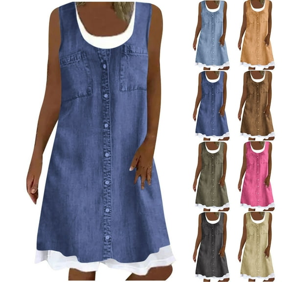 CALAFEBILA Summer Dresses for Women Sleeveless Solid Color Knee Length Sun Dress Denim Patchwork Fake Two Piece Long Dresses for Women 2025