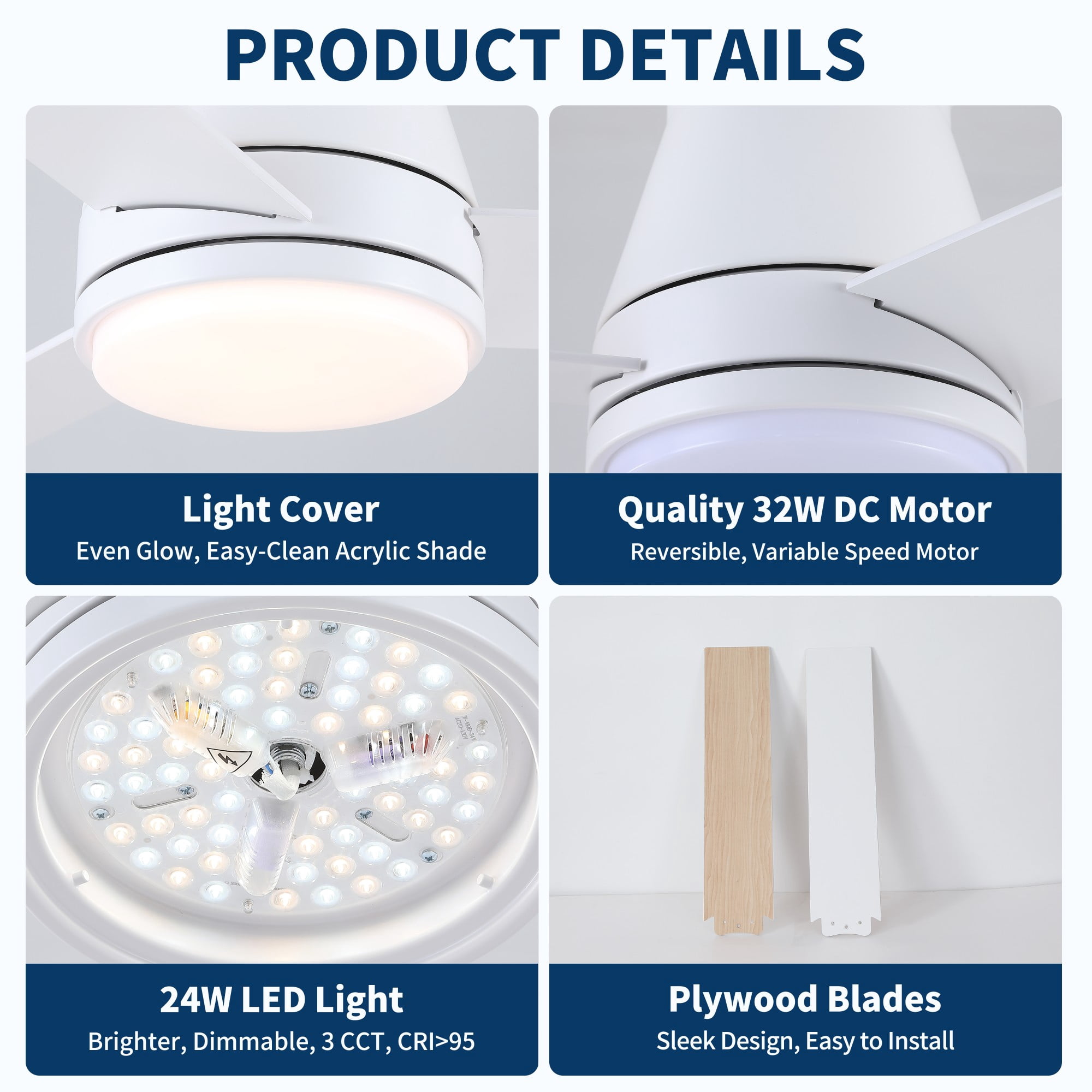 BoFang 48 inch Ceiling Fan with Light, Low Profile Flush Mount, Remote Control, DC Motor,White