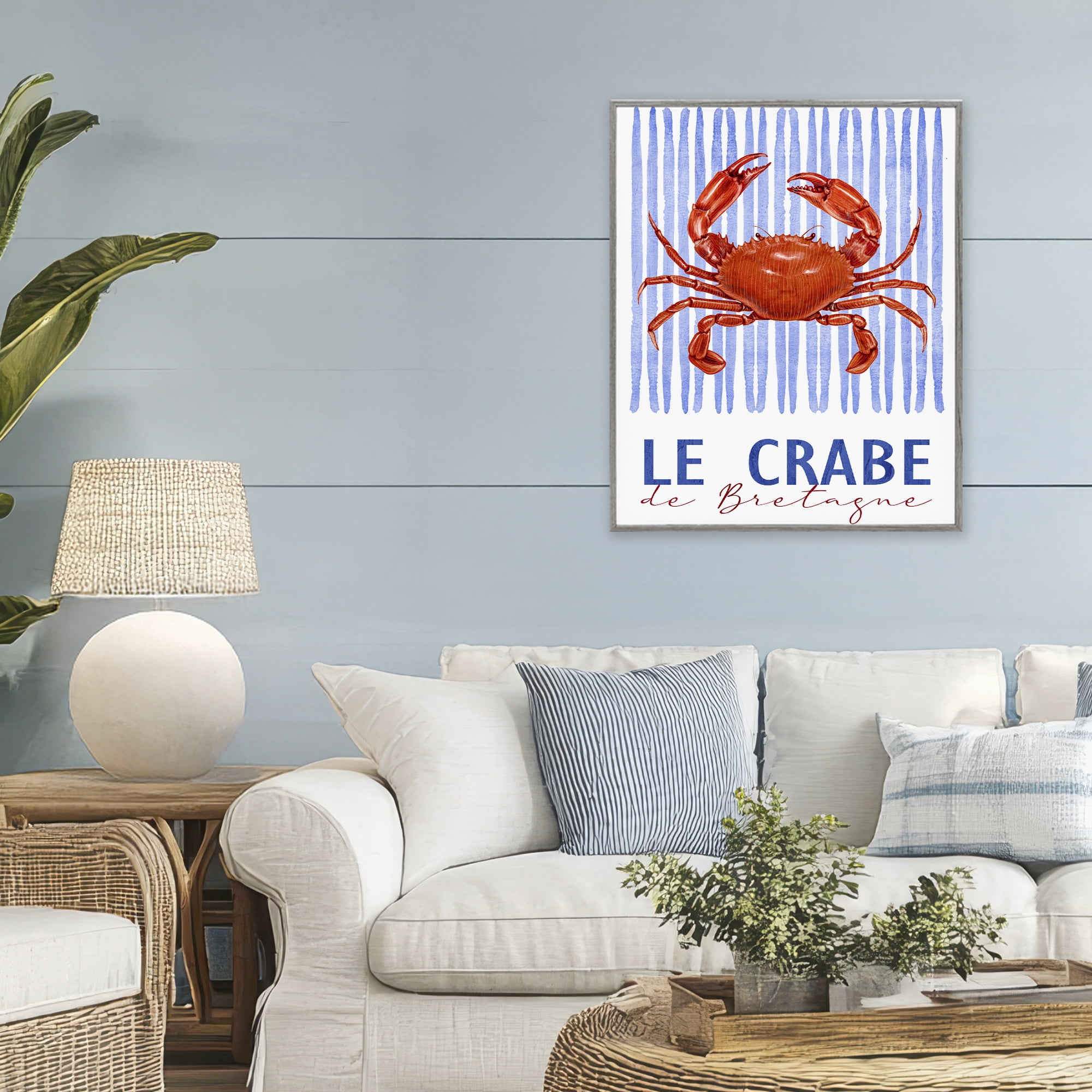 Stupell Industries Le Crabe Nautical Stripes Gray Framed Giclee Art, design by Kim Allen