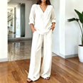 thumbnail image 2 of Zekutng Lounge Sets for Women Loose V-Neck Roll-up Sleeve Linen-Blend Shirt & Elastic Waist Wide Leg Pant Matching Set,Sizes S-3XL, 2 of 7