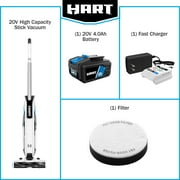 (Open Box) HART 20-Volt High Capacity Cordless Stick Vacuum Kit (1) 20-Volt 4.0AH Lithium-Ion Battery, Lightweight, Powerful Suction, Pet Hair, Hard Floor, Carpet, HEPA Filter, Self-Cleaning Brushroll