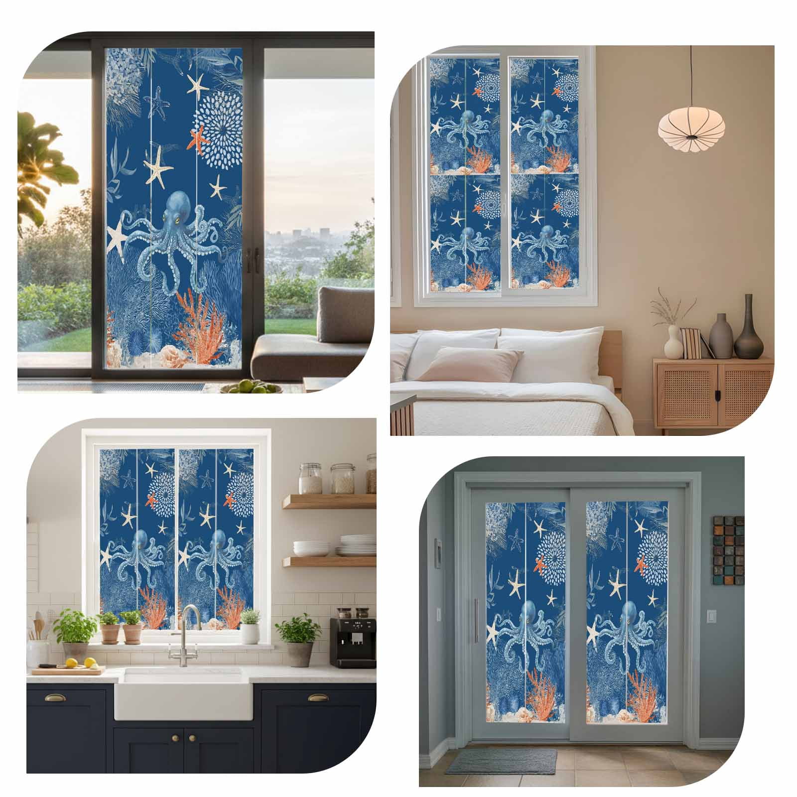Ocean Octopus Window Privacy Film, Summer Orange Blue Sea Animal Corals Dark Blue Frosted Glass Window Clings Static Cling UV Heat Blocking Reusable Door Sticker for Bathroom 29.5 x 118 Inch