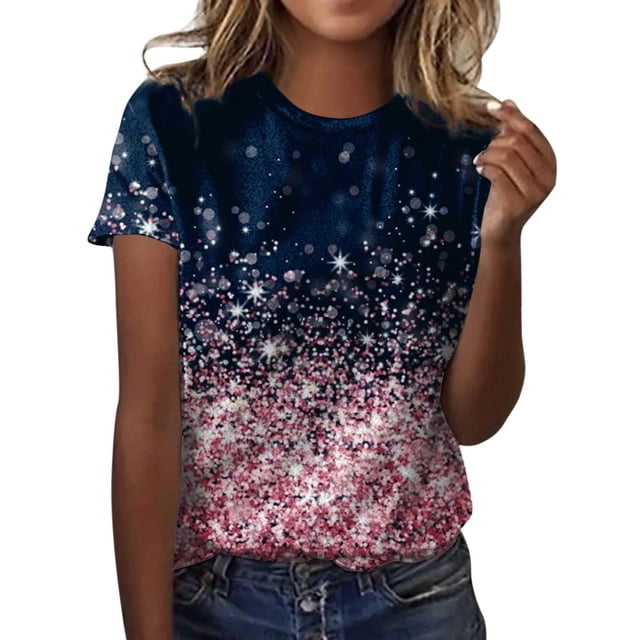 TSADFHJI Chandails pour Femmes en Coton Mode Décontractée pour Femmes Dégradé à Paillettes Imprimé Col Rond T-Shirt Ample