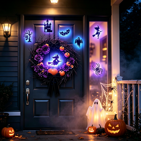 Halloween Wall Decor, 8 Pack LED Silhouette Wall Lights, Peel‑and‑Stick Removable Halloween Window Display with Colorful Backlit Glow, Spooky Character Designs for Indoor Home Party Room