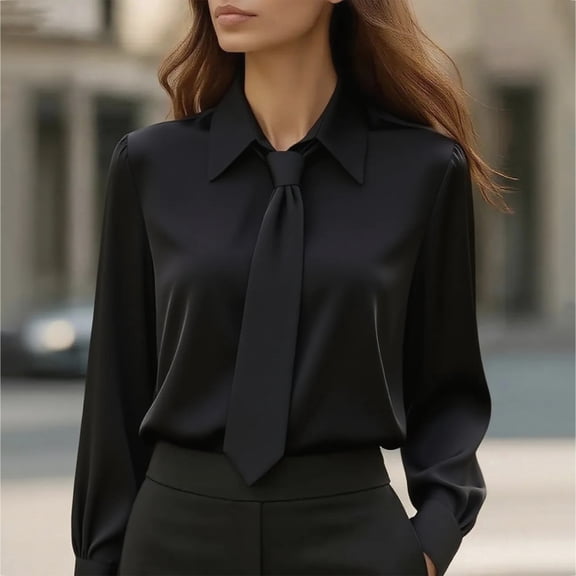 Women's French Collar Long Sleeve T-Shirt with Matching Tie, Solid Color Business Casual Blouse, Elegant Pullover Top for Work, Office, Fall Spring Daily Outfits Black L