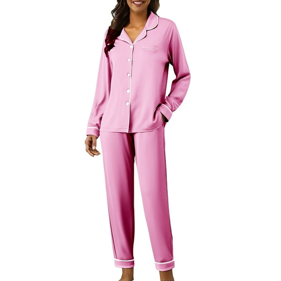WCJM Women Pajama Sets Pink Cute Pajama Sets for Women Cute Pajama Sets for Women Long Sleeve Sleepwear Button Loungewear Soft 2 Piece Set with Long Pants Woman Blending Pajamas