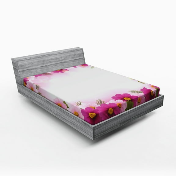 Ambesonne Pink Fitted Sheet, Romantic Daisies Framework, Full Size, Pink Pale Pink Green