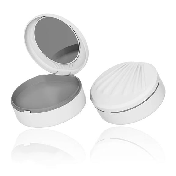 Portable Denture Case With Mirror, Storage False Teeth Container Cups Holder, Orthodontic Mouth Guard Case With Brush (White)