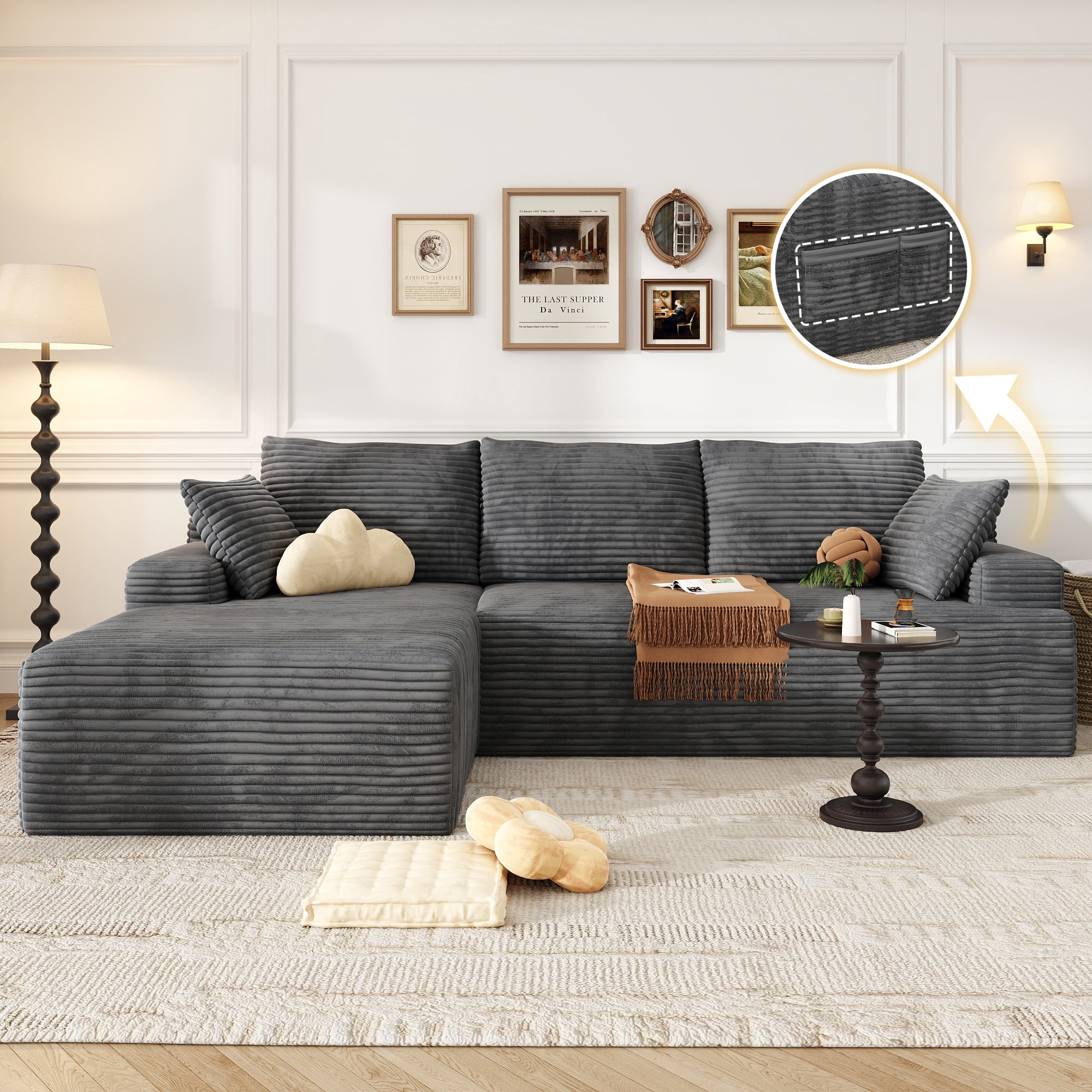104" Modular L-Shaped Sectional Sofa, No Assembly Required Boneless Sofa with Chaise, High Resilience Foam & Corduroy Fabric, for Living Room Bedroom,(Charcoal)