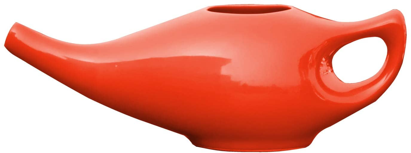Ceramic Neti Pot Orange Color for Nasal Cleansing with 5 Sachets of Neti Salt