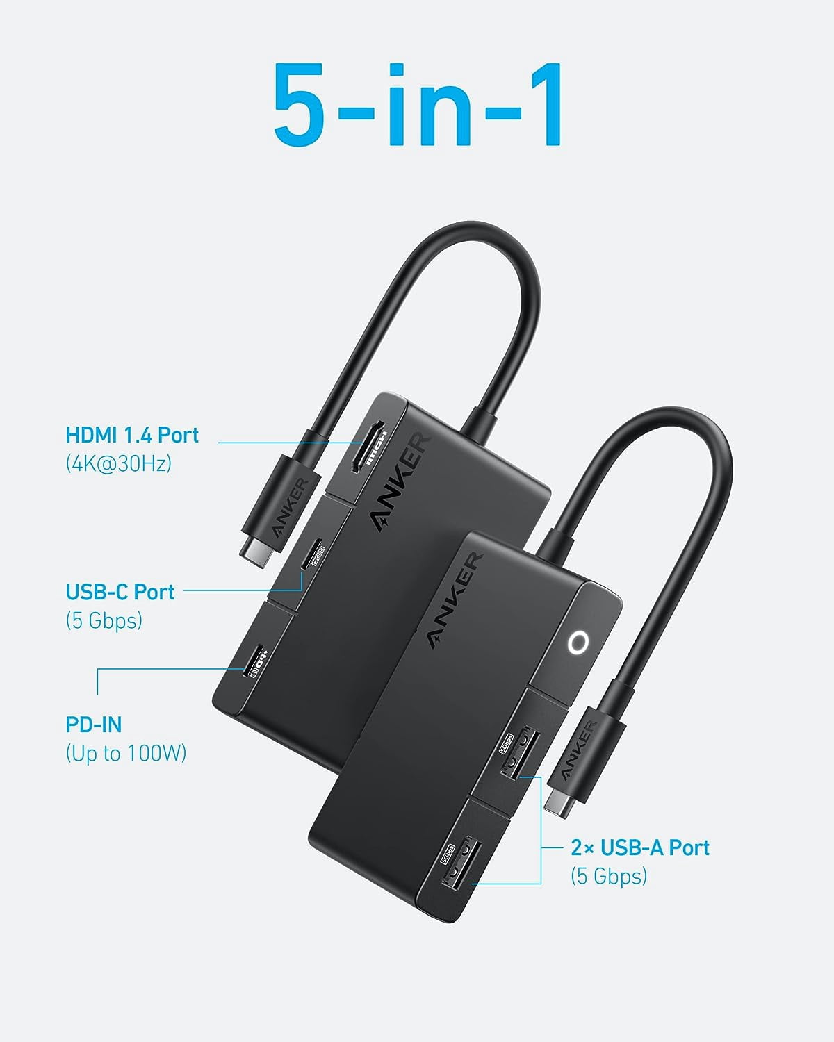 Anker USB C Hub, 332 USB-C Hub (5-in-1, 4K HDMI) with 100W Power Delivery, 4K@30Hz HDMI Display, 5Gbps USB-C&A Data Ports