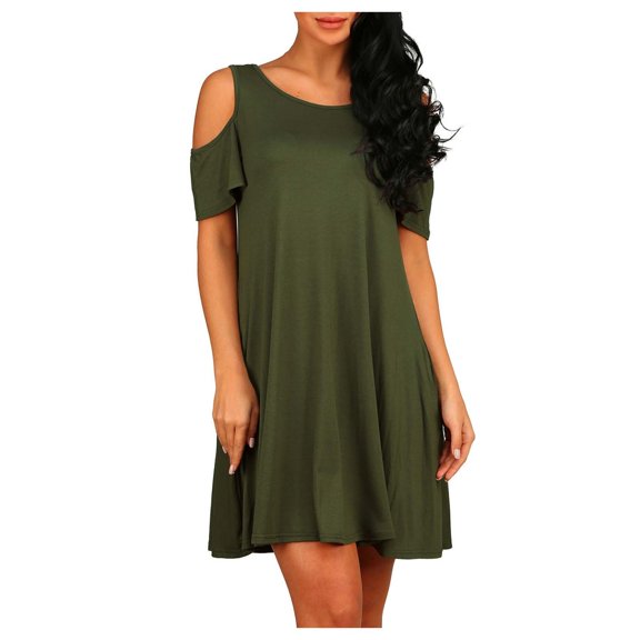 NAFUU Womens Summer Dresses Solid Color Casual Off Shoulder Short Sleeve O-Neck Ruffled Dress With Pockets Breathable Wedding Guest Dresses For Women