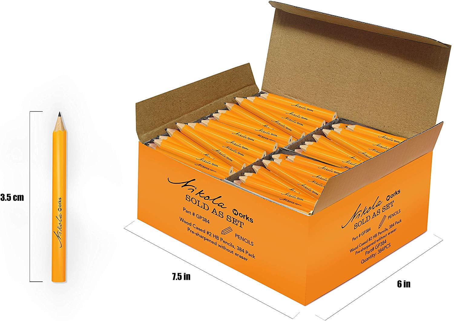 Nikola Works Classic #2 Yellow American Mini Golf Pencils, Pre-Sharpened Without Erasers HB Hex Shaped Bulk 384 Count