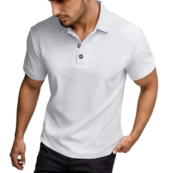 IWRICH Men's Button up Texture Polo Shirts Short Sleeve Jacquard Tees Solid Color Casual Trendy Tops White XL