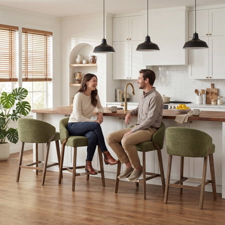 Guyou Modern Bar Stools Set of 4, 26" Counter Height Bar Stools with Footrests, Chenille Upholstered Kitchen Island Chairs for Dining Rooms, Kitchens, and Bars, Green