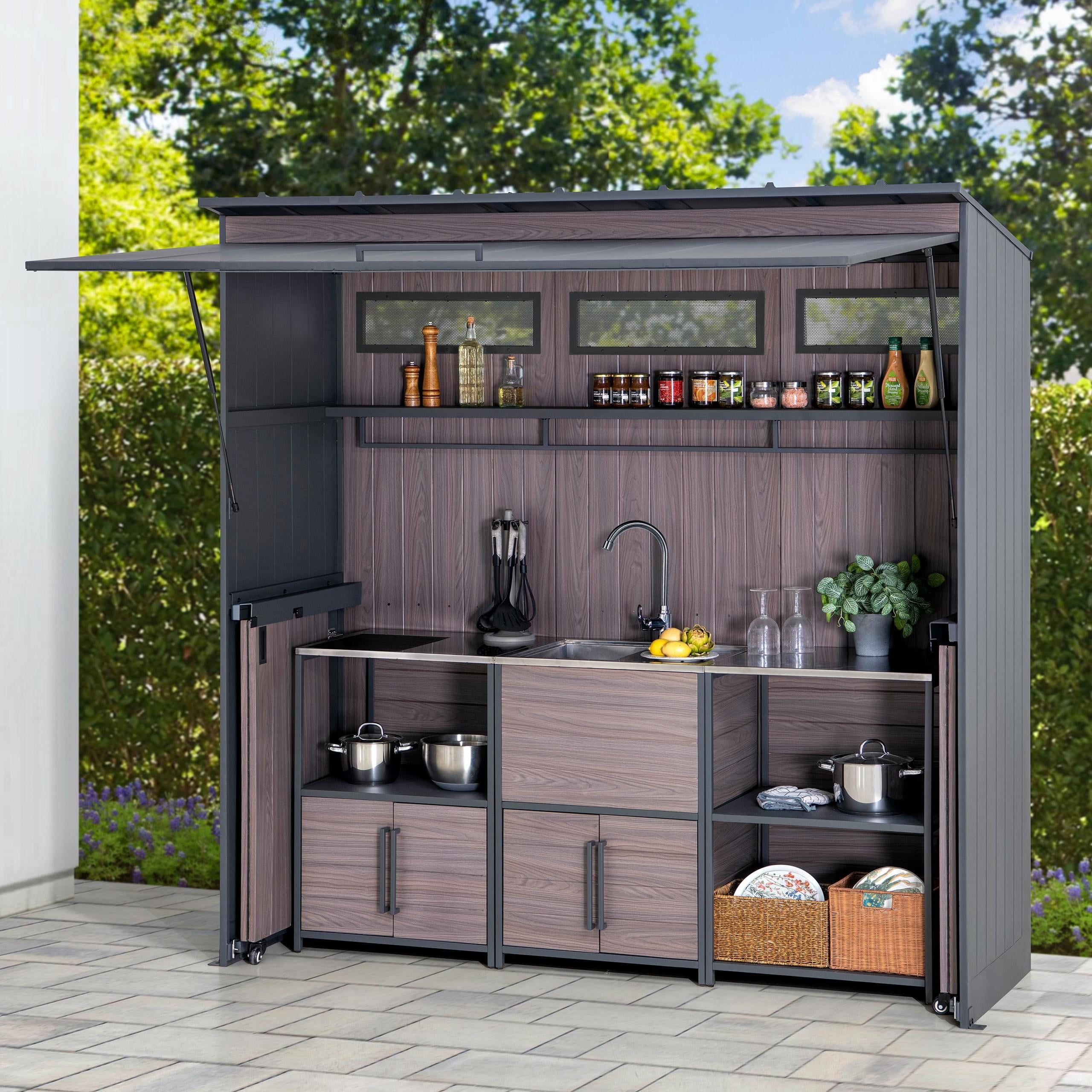 Sunjoy Outdoor 4-Pieces Grill Sink, Open Storage Shelf and Kitchen Island Counter, multi-color