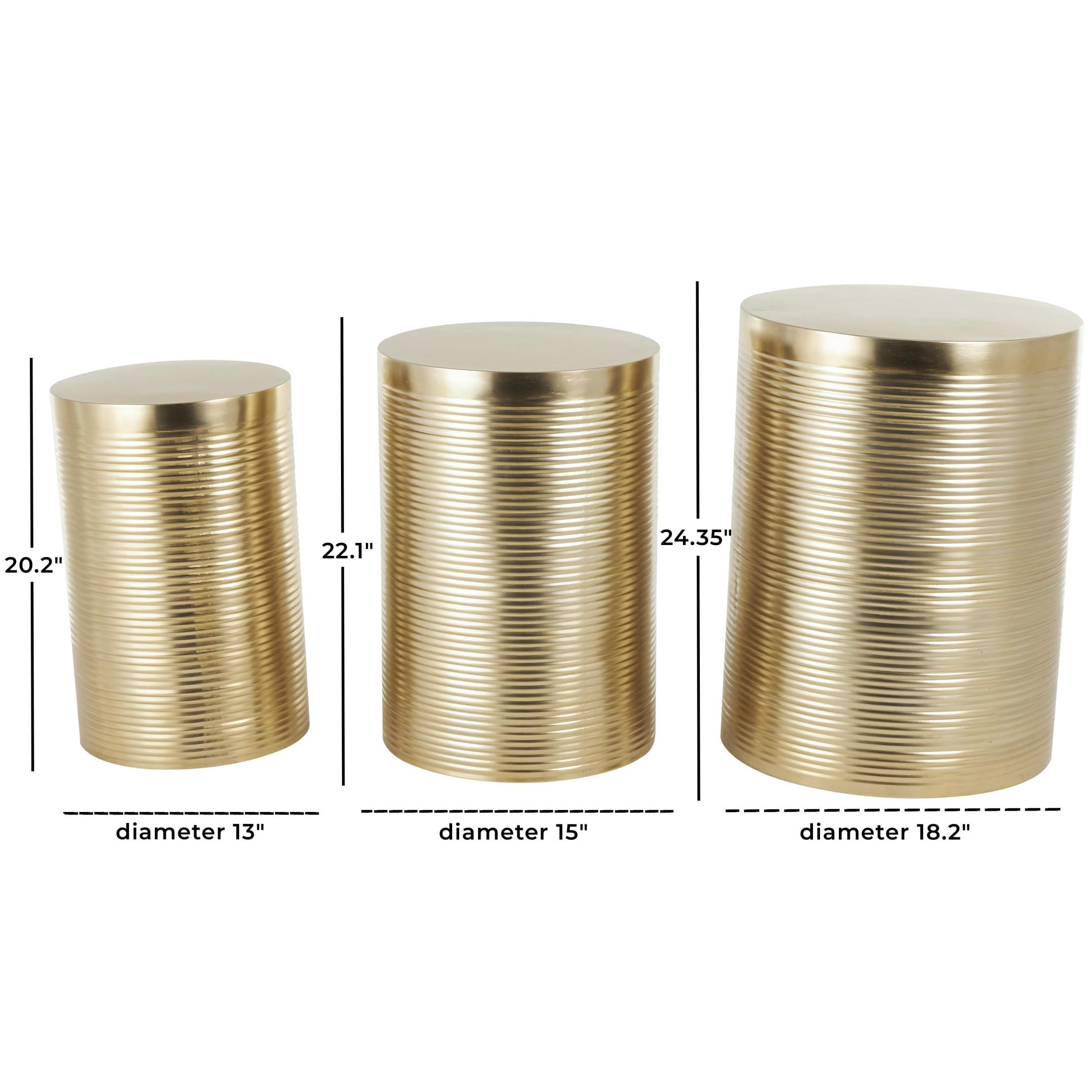 DecMode 18" x 24" Gold Metal Metallic Ribbed Drum Accent Table, 3-Pieces