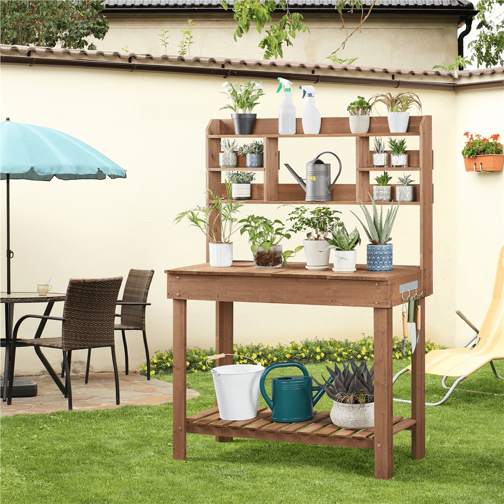 Renwick Potting Bench Table with Display Rack/ Storage Shelf/ Hanger, Brown