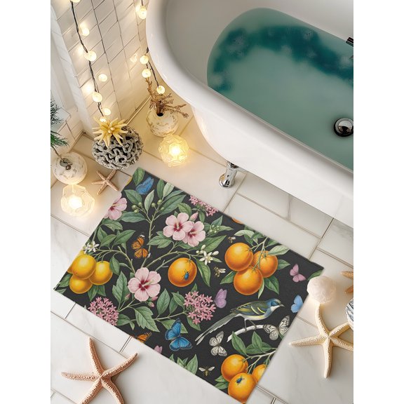 Doormat Exotic Orange Flower Front Door Mat Non Slip Absorbent Low Profile Floor Mat Summer Tropical Fruit Butterfly Welcome Mats Entryway Rug for Entrance Kitchen Porch Home Decor 16"x24"