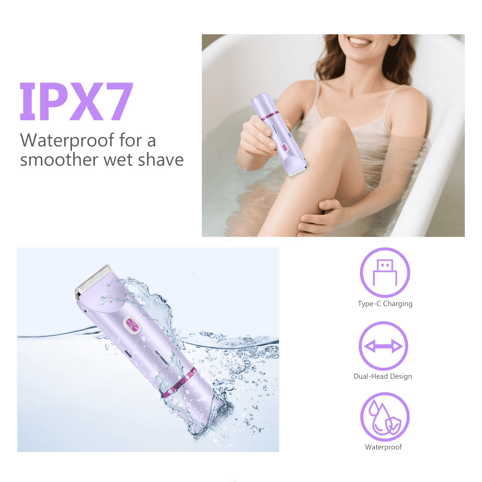 TripleHBB Electric Trimmer for Women,Electric Shaver and Razor Rechargeable 2-in-1 Body and Facial Epilator,  Dual-Head Electric Razor , IPX7 Waterproof