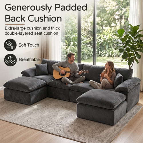 130" Modular Sectional Sofa, L-Shape Cloud Couch with 2 Movable Ottomans, Comfy Chenille Deep Seat Sofa with Soft Pillows for Living Room Apartment, Black