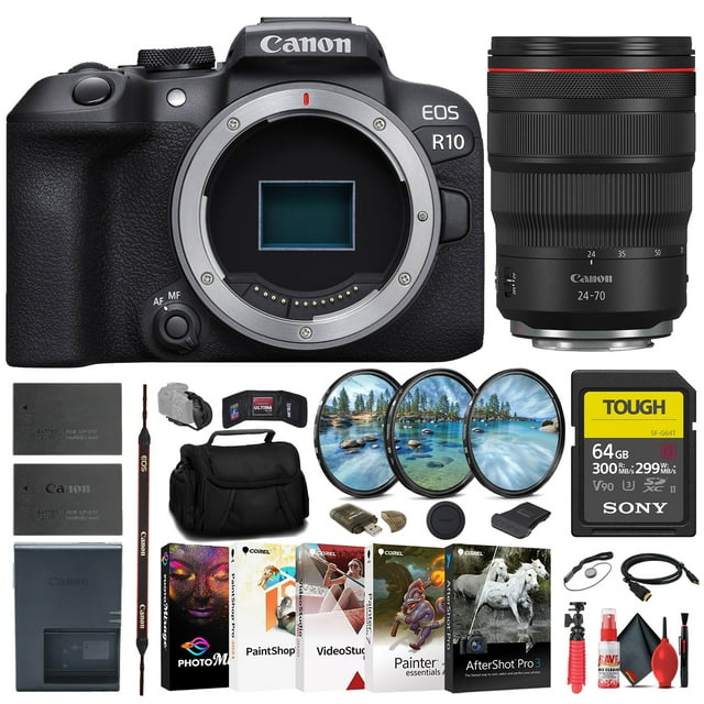 Canon EOS R10 Mirrorless Camera 5331C002 Canon 24-70mm Lens 3680C002 Sony 64GB TOUGH SD Card Filter Kit Bag Charger LPE17 Battery Card Reader Corel Photo Software International Model