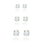 AVORA 3-pair 10K Yellow Gold Round Simulated Diamond CZ Stud Earrings Set, (3mm,4mm & 5mm)