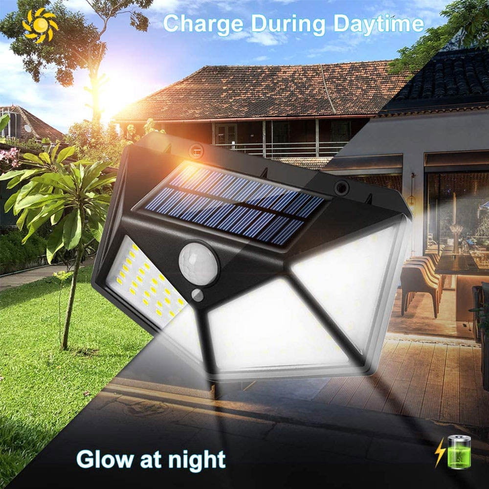 Set of 4, Solar Lights Outdoor, 3 Lighting Modes, 100 LEDs, Motion Sensing Wall Light, Weatherproof for Yard, Stairs, Garage, Fence, Porch