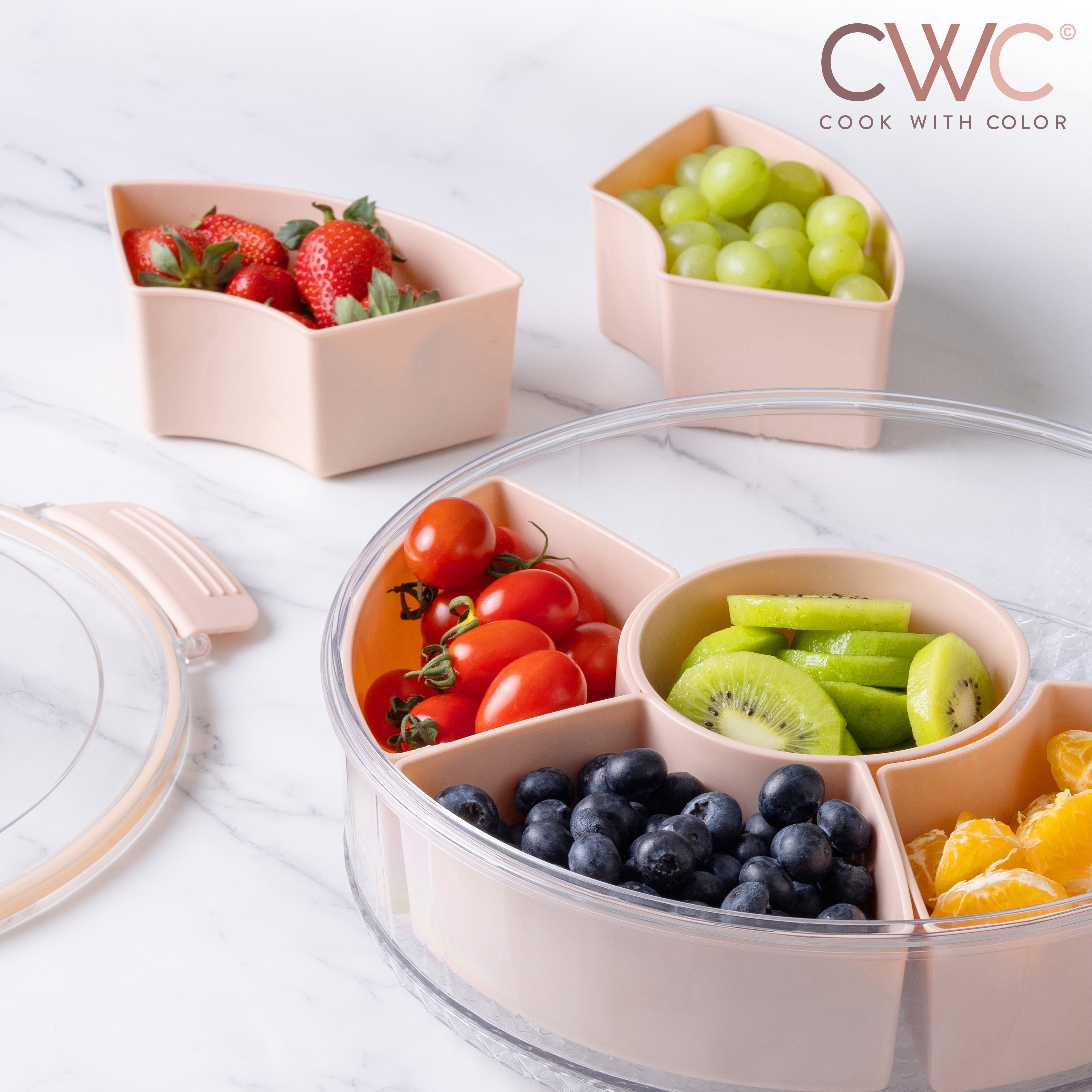 COOK WITH COLOR Round Snackle Box – 6-Compartment Serving Tray with Lid and Handle, Pink – Kids Lunch Box & Meal Prep Snack Container