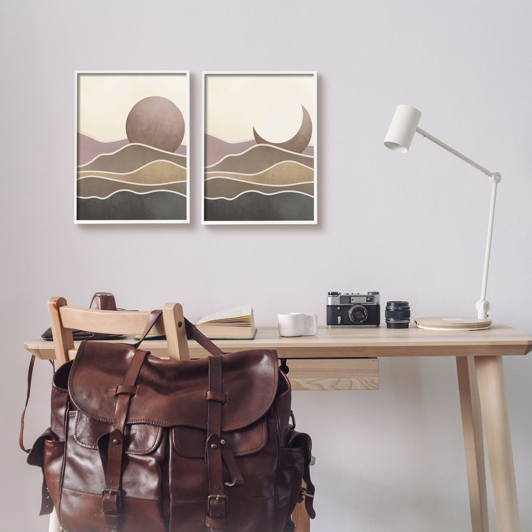 Neutral Toned Landscape Sun Moon Landscape Graphic Art White Framed Art Print Wall Art, Set of 2